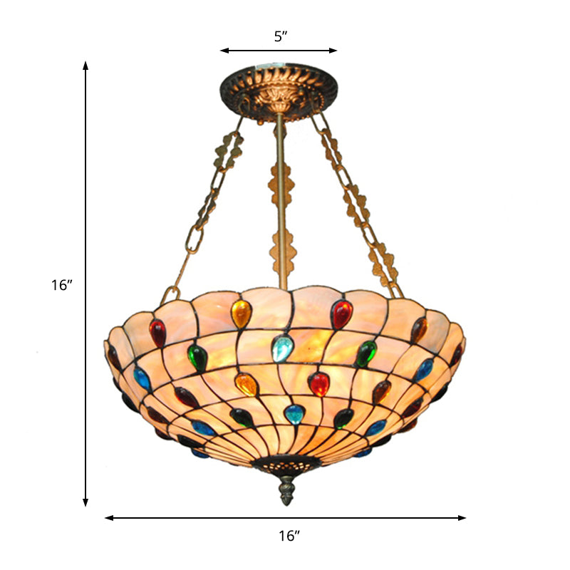 Beige/Clear/Yellow Bowl Shade Semi Flush Ceiling Fixture Retro Style Stained Glass 1 Light Ceiling Light Fixture with Jewel Pattern Clearhalo 'Ceiling Lights' 'Close To Ceiling Lights' 'Close to ceiling' 'Glass shade' 'Glass' 'Semi-flushmount' 'Tiffany close to ceiling' 'Tiffany' Lighting' 182605