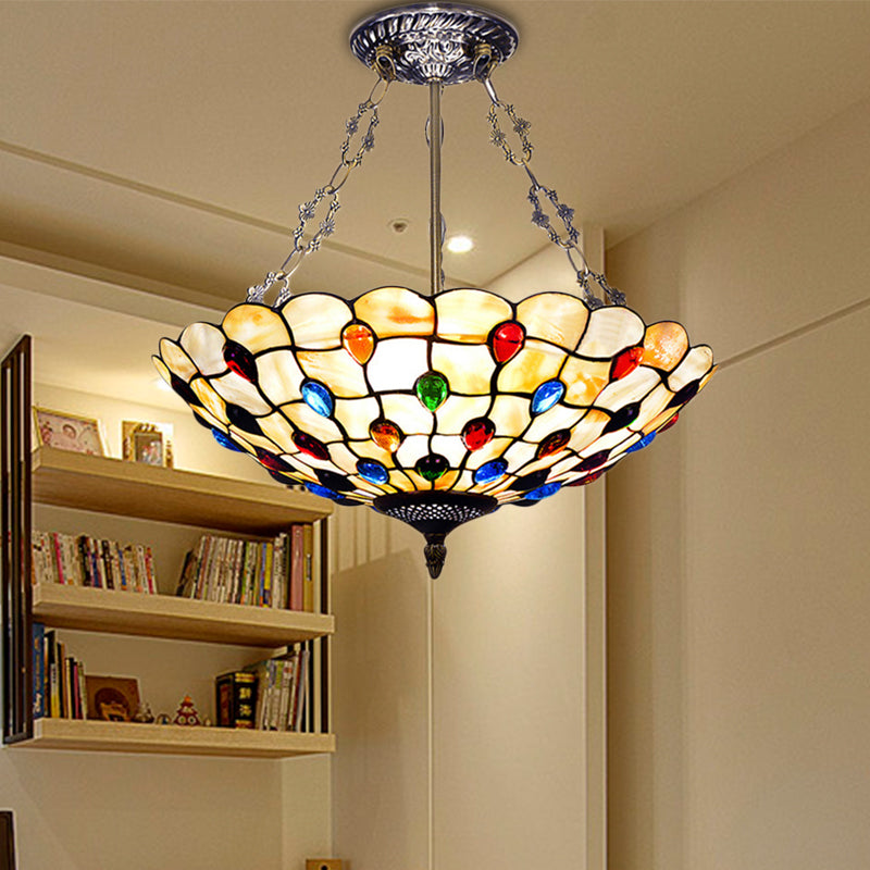 Beige/Clear/Yellow Bowl Shade Semi Flush Ceiling Fixture Retro Style Stained Glass 1 Light Ceiling Light Fixture with Jewel Pattern Beige 18" Clearhalo 'Ceiling Lights' 'Close To Ceiling Lights' 'Close to ceiling' 'Glass shade' 'Glass' 'Semi-flushmount' 'Tiffany close to ceiling' 'Tiffany' Lighting' 182606