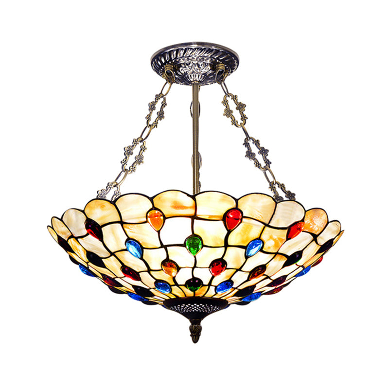 Beige/Clear/Yellow Bowl Shade Semi Flush Ceiling Fixture Retro Style Stained Glass 1 Light Ceiling Light Fixture with Jewel Pattern Clearhalo 'Ceiling Lights' 'Close To Ceiling Lights' 'Close to ceiling' 'Glass shade' 'Glass' 'Semi-flushmount' 'Tiffany close to ceiling' 'Tiffany' Lighting' 182607