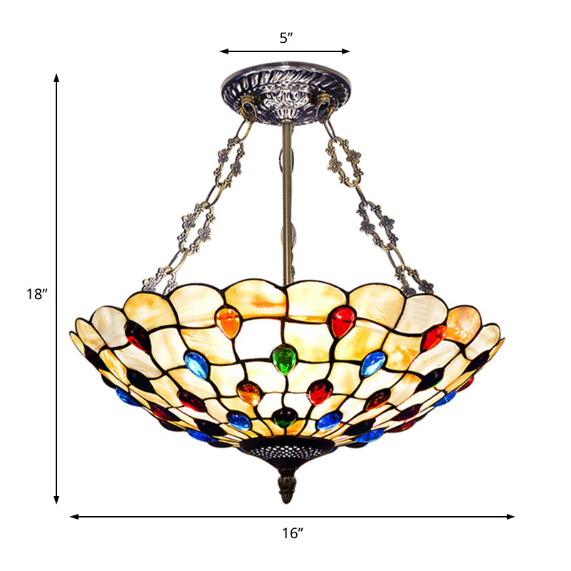 Beige/Clear/Yellow Bowl Shade Semi Flush Ceiling Fixture Retro Style Stained Glass 1 Light Ceiling Light Fixture with Jewel Pattern Clearhalo 'Ceiling Lights' 'Close To Ceiling Lights' 'Close to ceiling' 'Glass shade' 'Glass' 'Semi-flushmount' 'Tiffany close to ceiling' 'Tiffany' Lighting' 182608