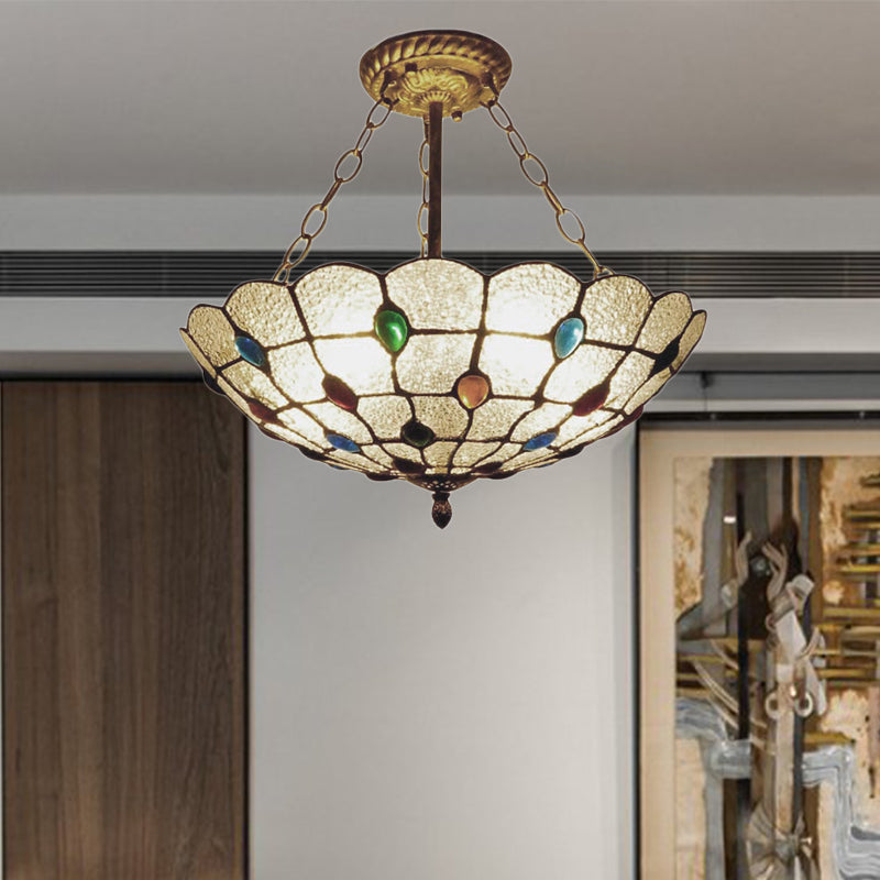 Beige/Clear/Yellow Bowl Shade Semi Flush Ceiling Fixture Retro Style Stained Glass 1 Light Ceiling Light Fixture with Jewel Pattern Clearhalo 'Ceiling Lights' 'Close To Ceiling Lights' 'Close to ceiling' 'Glass shade' 'Glass' 'Semi-flushmount' 'Tiffany close to ceiling' 'Tiffany' Lighting' 182610