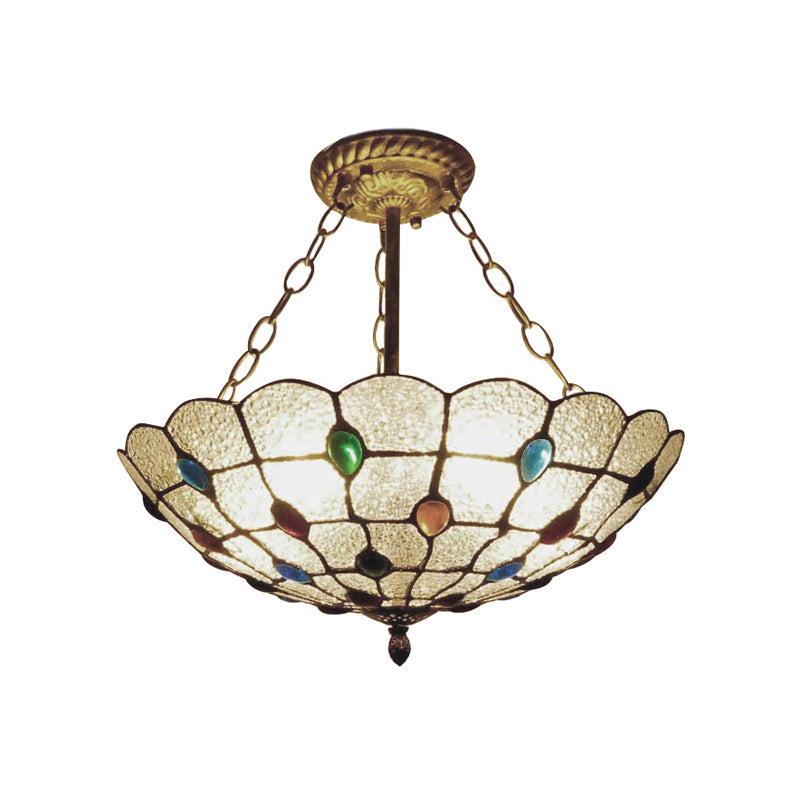 Beige/Clear/Yellow Bowl Shade Semi Flush Ceiling Fixture Retro Style Stained Glass 1 Light Ceiling Light Fixture with Jewel Pattern Clearhalo 'Ceiling Lights' 'Close To Ceiling Lights' 'Close to ceiling' 'Glass shade' 'Glass' 'Semi-flushmount' 'Tiffany close to ceiling' 'Tiffany' Lighting' 182611