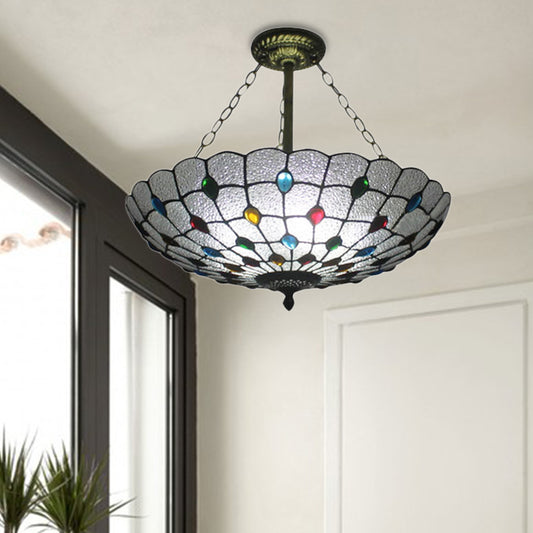Beige/Clear/Yellow Bowl Shade Semi Flush Ceiling Fixture Retro Style Stained Glass 1 Light Ceiling Light Fixture with Jewel Pattern Clear 19.5" Clearhalo 'Ceiling Lights' 'Close To Ceiling Lights' 'Close to ceiling' 'Glass shade' 'Glass' 'Semi-flushmount' 'Tiffany close to ceiling' 'Tiffany' Lighting' 182613