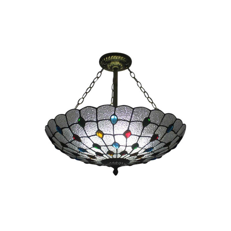 Beige/Clear/Yellow Bowl Shade Semi Flush Ceiling Fixture Retro Style Stained Glass 1 Light Ceiling Light Fixture with Jewel Pattern Clearhalo 'Ceiling Lights' 'Close To Ceiling Lights' 'Close to ceiling' 'Glass shade' 'Glass' 'Semi-flushmount' 'Tiffany close to ceiling' 'Tiffany' Lighting' 182614