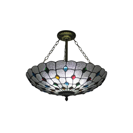 Beige/Clear/Yellow Bowl Shade Semi Flush Ceiling Fixture Retro Style Stained Glass 1 Light Ceiling Light Fixture with Jewel Pattern Clearhalo 'Ceiling Lights' 'Close To Ceiling Lights' 'Close to ceiling' 'Glass shade' 'Glass' 'Semi-flushmount' 'Tiffany close to ceiling' 'Tiffany' Lighting' 182614