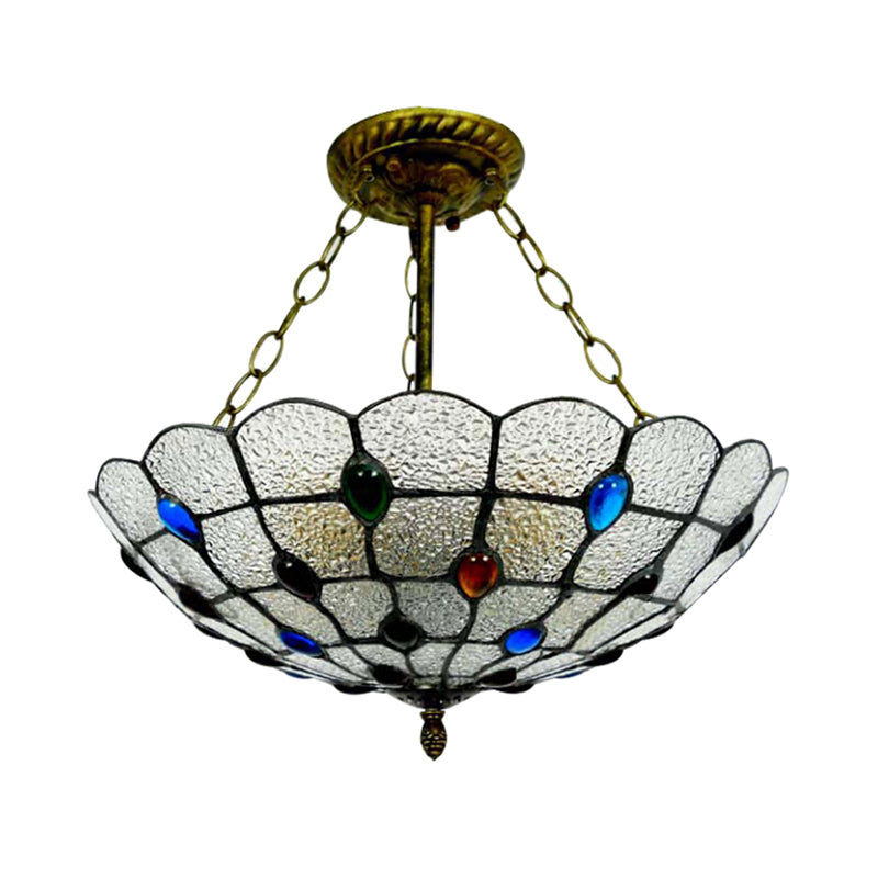 Beige/Clear/Yellow Bowl Shade Semi Flush Ceiling Fixture Retro Style Stained Glass 1 Light Ceiling Light Fixture with Jewel Pattern Clearhalo 'Ceiling Lights' 'Close To Ceiling Lights' 'Close to ceiling' 'Glass shade' 'Glass' 'Semi-flushmount' 'Tiffany close to ceiling' 'Tiffany' Lighting' 182615