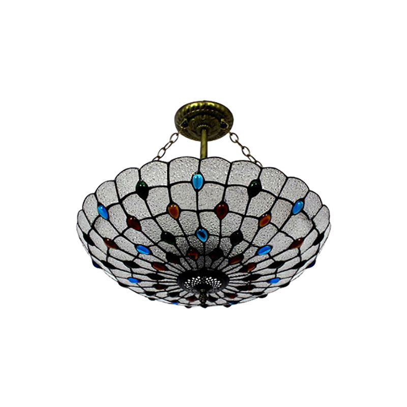Beige/Clear/Yellow Bowl Shade Semi Flush Ceiling Fixture Retro Style Stained Glass 1 Light Ceiling Light Fixture with Jewel Pattern Clearhalo 'Ceiling Lights' 'Close To Ceiling Lights' 'Close to ceiling' 'Glass shade' 'Glass' 'Semi-flushmount' 'Tiffany close to ceiling' 'Tiffany' Lighting' 182616