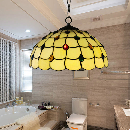 Stained Glass Bowl Drop Lamp Tiffany-Style 1 Head White Pendant Lighting Fixture with Jewel for Bathroom White Clearhalo 'Ceiling Lights' 'Close To Ceiling Lights' 'Industrial' 'Middle Century Pendants' 'Pendant Lights' 'Pendants' 'Tiffany close to ceiling' 'Tiffany Pendants' 'Tiffany' Lighting' 182628