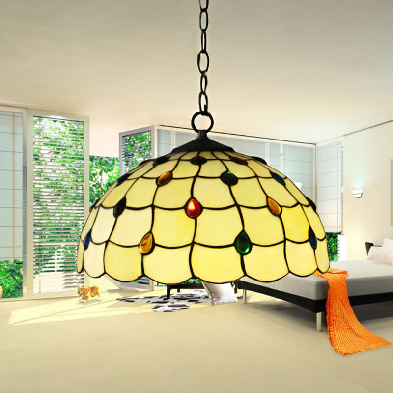 Stained Glass Bowl Drop Lamp Tiffany-Style 1 Head White Pendant Lighting Fixture with Jewel for Bathroom Clearhalo 'Ceiling Lights' 'Close To Ceiling Lights' 'Industrial' 'Middle Century Pendants' 'Pendant Lights' 'Pendants' 'Tiffany close to ceiling' 'Tiffany Pendants' 'Tiffany' Lighting' 182629