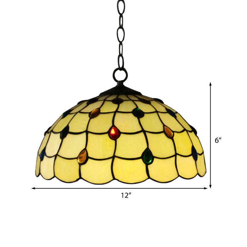 Stained Glass Bowl Drop Lamp Tiffany-Style 1 Head White Pendant Lighting Fixture with Jewel for Bathroom Clearhalo 'Ceiling Lights' 'Close To Ceiling Lights' 'Industrial' 'Middle Century Pendants' 'Pendant Lights' 'Pendants' 'Tiffany close to ceiling' 'Tiffany Pendants' 'Tiffany' Lighting' 182631
