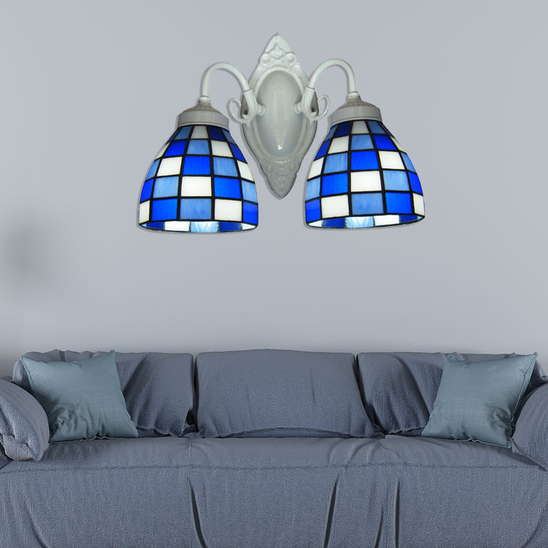 Mosaic Dome Wall Lighting Blue Glass 2 Lights Bathroom Wall Mounted Lamp in White Finish Blue Clearhalo 'Industrial' 'Middle century wall lights' 'Tiffany wall lights' 'Tiffany' 'Wall Lamps & Sconces' 'Wall Lights' Lighting' 182632