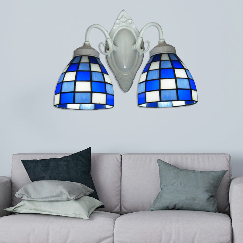 Mosaic Dome Wall Lighting Blue Glass 2 Lights Bathroom Wall Mounted Lamp in White Finish Clearhalo 'Industrial' 'Middle century wall lights' 'Tiffany wall lights' 'Tiffany' 'Wall Lamps & Sconces' 'Wall Lights' Lighting' 182633