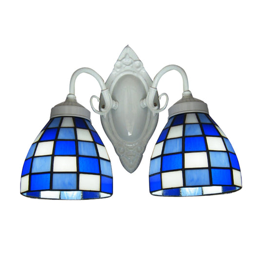 Mosaic Dome Wall Lighting Blue Glass 2 Lights Bathroom Wall Mounted Lamp in White Finish Clearhalo 'Industrial' 'Middle century wall lights' 'Tiffany wall lights' 'Tiffany' 'Wall Lamps & Sconces' 'Wall Lights' Lighting' 182634