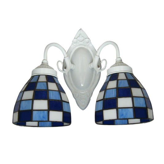 Mosaic Dome Wall Lighting Blue Glass 2 Lights Bathroom Wall Mounted Lamp in White Finish Clearhalo 'Industrial' 'Middle century wall lights' 'Tiffany wall lights' 'Tiffany' 'Wall Lamps & Sconces' 'Wall Lights' Lighting' 182635