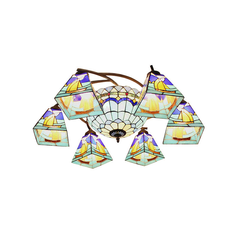 Lodge Geometric Chandelier Light Stained Glass Colorful Inverted Chandelier in Yellow and Blue for Living Room Clearhalo 'Ceiling Lights' 'Chandeliers' 'Close To Ceiling Lights' 'Close to ceiling' 'Glass shade' 'Glass' 'Semi-flushmount' 'Tiffany close to ceiling' 'Tiffany' Lighting' 182652