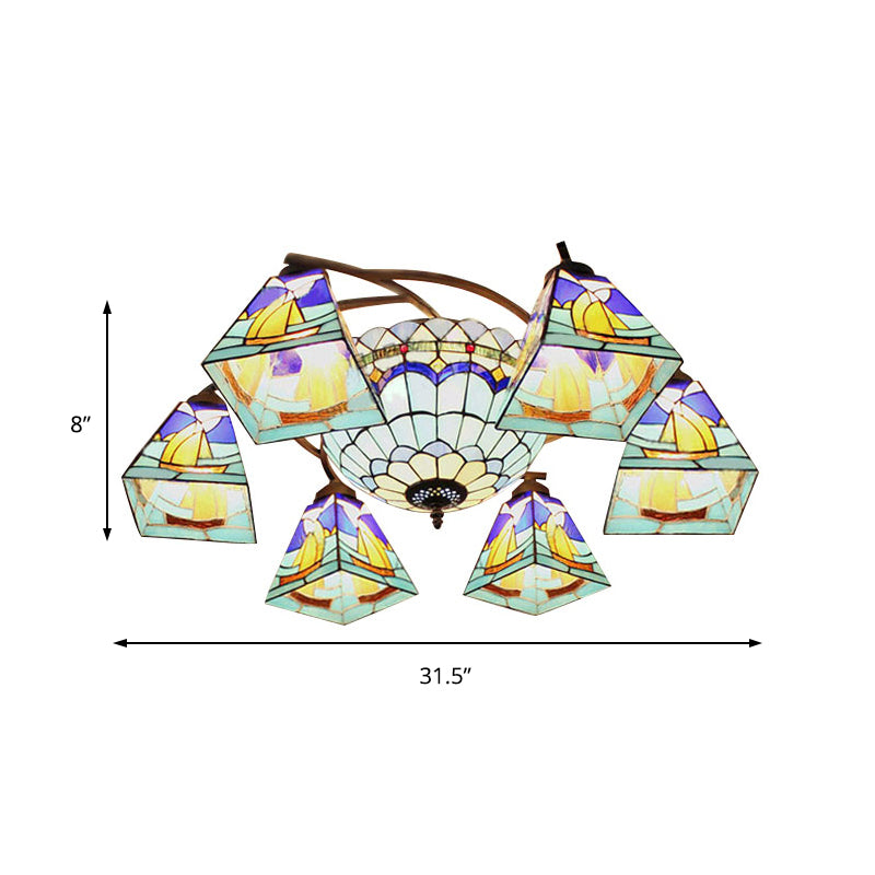 Lodge Geometric Chandelier Light Stained Glass Colorful Inverted Chandelier in Yellow and Blue for Living Room Clearhalo 'Ceiling Lights' 'Chandeliers' 'Close To Ceiling Lights' 'Close to ceiling' 'Glass shade' 'Glass' 'Semi-flushmount' 'Tiffany close to ceiling' 'Tiffany' Lighting' 182654