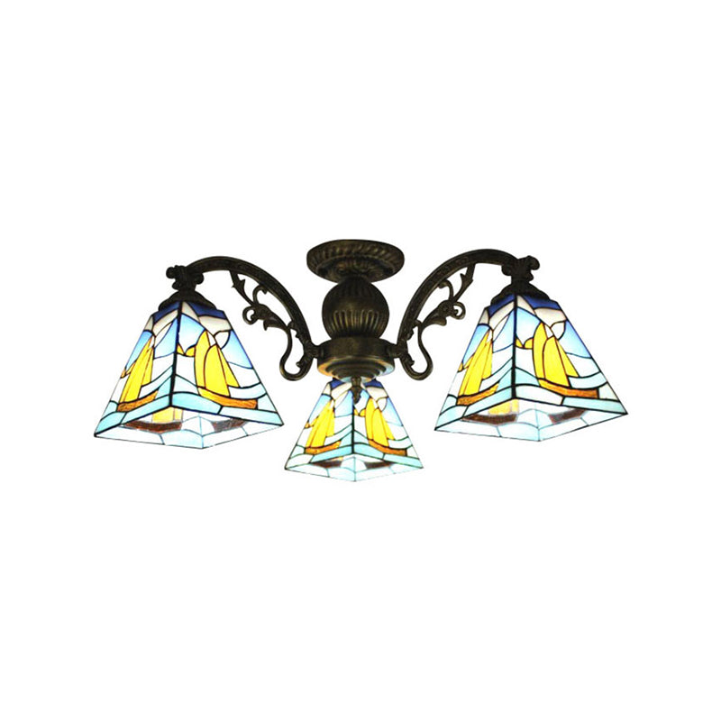 Lodge Geometric Chandelier Light Stained Glass Colorful Inverted Chandelier in Yellow and Blue for Living Room Clearhalo 'Ceiling Lights' 'Chandeliers' 'Close To Ceiling Lights' 'Close to ceiling' 'Glass shade' 'Glass' 'Semi-flushmount' 'Tiffany close to ceiling' 'Tiffany' Lighting' 182658