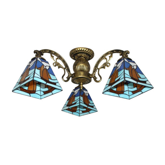 Lodge Geometric Chandelier Light Stained Glass Colorful Inverted Chandelier in Yellow and Blue for Living Room Clearhalo 'Ceiling Lights' 'Chandeliers' 'Close To Ceiling Lights' 'Close to ceiling' 'Glass shade' 'Glass' 'Semi-flushmount' 'Tiffany close to ceiling' 'Tiffany' Lighting' 182659