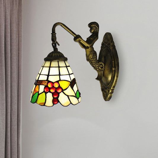 1 Light Mermaid Wall Mounted Light with Fruit Pattern Stained Glass Mini Wall Sconce Lighting Clearhalo 'Industrial' 'Middle century wall lights' 'Tiffany wall lights' 'Tiffany' 'Wall Lamps & Sconces' 'Wall Lights' Lighting' 182669