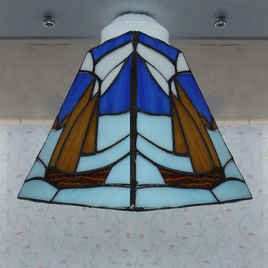 Sailboat Vanity Lighting Stained Glass Nautical Style 3 Lights Wall Lamp for Bathroom Clearhalo 'Ceiling Lights' 'Close To Ceiling Lights' 'Close to ceiling' 'Glass shade' 'Glass' 'Pendant Lights' 'Semi-flushmount' 'Tiffany close to ceiling' 'Tiffany' Lighting' 182689