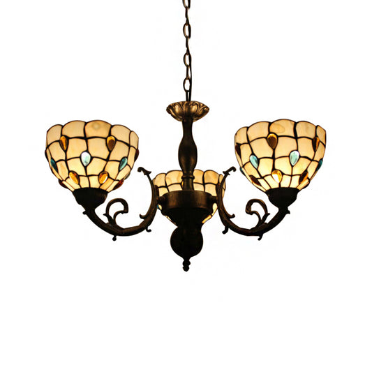 Bowl Hanging Light Tiffany Stained Glass 3 Lights Chandelier light with Jewel Pattern for Bedroom Clearhalo 'Ceiling Lights' 'Chandeliers' 'Industrial' 'Middle Century Chandeliers' 'Pendant Lights' 'Tiffany Chandeliers' 'Tiffany close to ceiling' 'Tiffany' Lighting' 182692