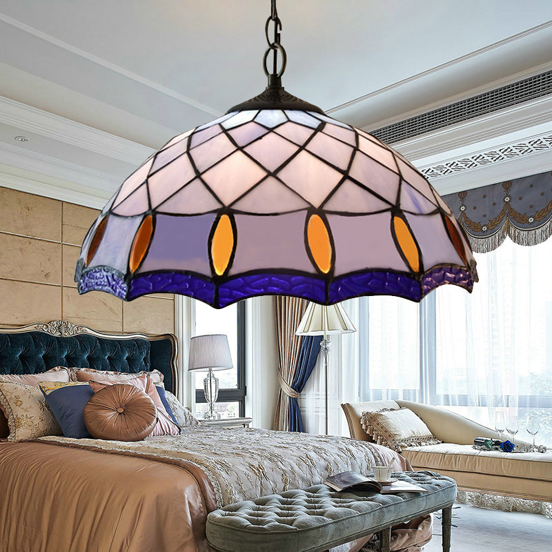 1 Bulb Ceiling Pendant Light Tiffany-Style Domed Handcrafted Stained Glass Suspension Lighting in Purplish Blue Purplish Blue Clearhalo 'Ceiling Lights' 'Industrial' 'Middle Century Pendants' 'Pendant Lights' 'Pendants' 'Tiffany close to ceiling' 'Tiffany Pendants' 'Tiffany' Lighting' 182730