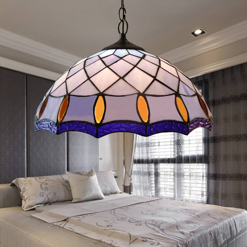 1 Bulb Ceiling Pendant Light Tiffany-Style Domed Handcrafted Stained Glass Suspension Lighting in Purplish Blue Clearhalo 'Ceiling Lights' 'Industrial' 'Middle Century Pendants' 'Pendant Lights' 'Pendants' 'Tiffany close to ceiling' 'Tiffany Pendants' 'Tiffany' Lighting' 182731