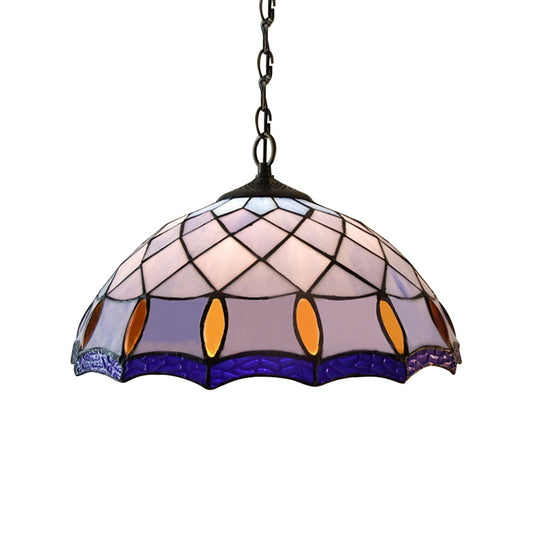1 Bulb Ceiling Pendant Light Tiffany-Style Domed Handcrafted Stained Glass Suspension Lighting in Purplish Blue Clearhalo 'Ceiling Lights' 'Industrial' 'Middle Century Pendants' 'Pendant Lights' 'Pendants' 'Tiffany close to ceiling' 'Tiffany Pendants' 'Tiffany' Lighting' 182732