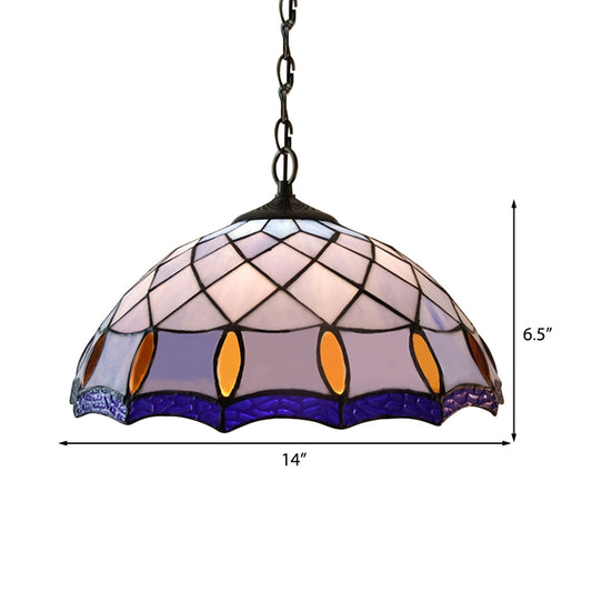 1 Bulb Ceiling Pendant Light Tiffany-Style Domed Handcrafted Stained Glass Suspension Lighting in Purplish Blue Clearhalo 'Ceiling Lights' 'Industrial' 'Middle Century Pendants' 'Pendant Lights' 'Pendants' 'Tiffany close to ceiling' 'Tiffany Pendants' 'Tiffany' Lighting' 182733