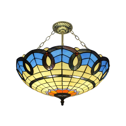 Tiffany Bowl Semi Flush Mount Light Stained Glass 3 Lights Ceiling Light in Antique Bronze Clearhalo 'Ceiling Lights' 'Chandeliers' 'Close To Ceiling Lights' 'Close to ceiling' 'Glass shade' 'Glass' 'Semi-flushmount' 'Tiffany close to ceiling' 'Tiffany' Lighting' 182736