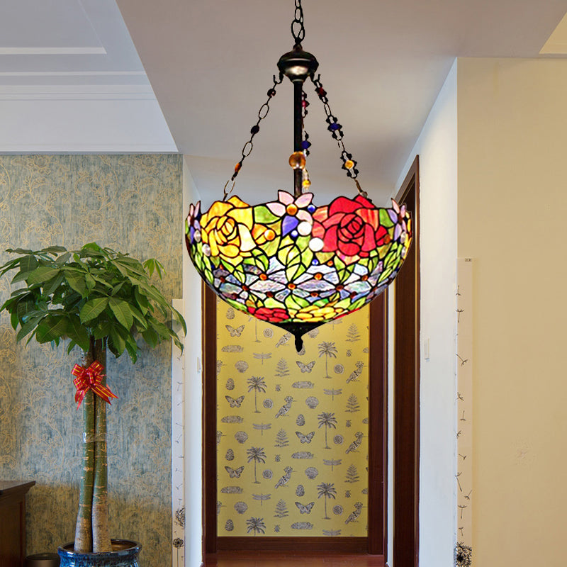 Floral Suspension Lamp Tiffany Stylish Stainless Glass 2 Lights Red and Yellow Hanging Pendant Light with Bowl Shade Clearhalo 'Ceiling Lights' 'Chandeliers' 'Industrial' 'Middle Century Pendants' 'Pendant Lights' 'Pendants' 'Tiffany close to ceiling' 'Tiffany Pendants' 'Tiffany' Lighting' 182754