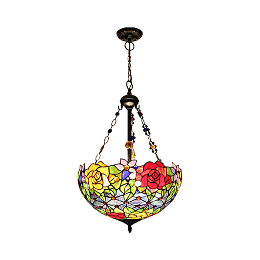 Floral Suspension Lamp Tiffany Stylish Stainless Glass 2 Lights Red and Yellow Hanging Pendant Light with Bowl Shade Clearhalo 'Ceiling Lights' 'Chandeliers' 'Industrial' 'Middle Century Pendants' 'Pendant Lights' 'Pendants' 'Tiffany close to ceiling' 'Tiffany Pendants' 'Tiffany' Lighting' 182755