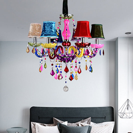Multi-Colored Glass Chandelier with Crystal Bead 6 Lights Kids Hanging Pendant for Kindergarten Pink With Shade Clearhalo 'Ceiling Lights' 'Chandeliers' 'Close To Ceiling Lights' 'Glass shade' 'Glass' Lighting' 182757