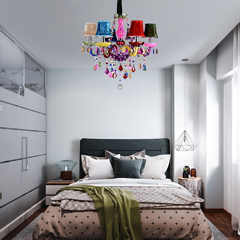 Multi-Colored Glass Chandelier with Crystal Bead 6 Lights Kids Hanging Pendant for Kindergarten Clearhalo 'Ceiling Lights' 'Chandeliers' 'Close To Ceiling Lights' 'Glass shade' 'Glass' Lighting' 182758