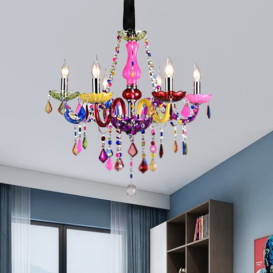 Multi-Colored Glass Chandelier with Crystal Bead 6 Lights Kids Hanging Pendant for Kindergarten Pink Shadeless Clearhalo 'Ceiling Lights' 'Chandeliers' 'Close To Ceiling Lights' 'Glass shade' 'Glass' Lighting' 182761