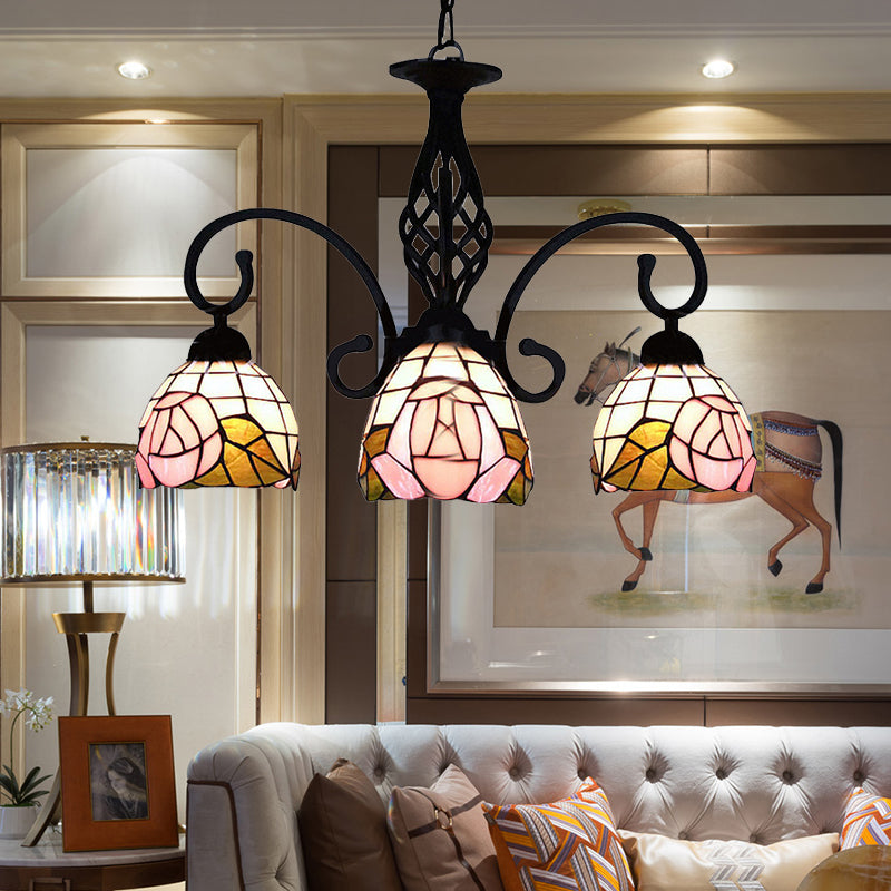 3 Lights Domed Chandelier Retro Style Stained Glass Floral Inverted Chandelier in Pink Pink Clearhalo 'Ceiling Lights' 'Chandeliers' 'Close To Ceiling Lights' 'Industrial' 'Middle Century Chandeliers' 'Tiffany Chandeliers' 'Tiffany close to ceiling' 'Tiffany' Lighting' 182774