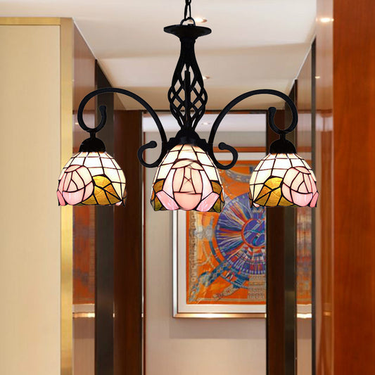 3 Lights Domed Chandelier Retro Style Stained Glass Floral Inverted Chandelier in Pink Clearhalo 'Ceiling Lights' 'Chandeliers' 'Close To Ceiling Lights' 'Industrial' 'Middle Century Chandeliers' 'Tiffany Chandeliers' 'Tiffany close to ceiling' 'Tiffany' Lighting' 182775