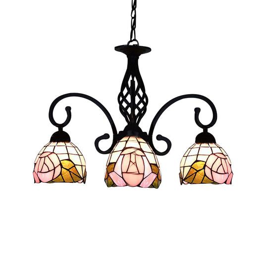 3 Lights Domed Chandelier Retro Style Stained Glass Floral Inverted Chandelier in Pink Clearhalo 'Ceiling Lights' 'Chandeliers' 'Close To Ceiling Lights' 'Industrial' 'Middle Century Chandeliers' 'Tiffany Chandeliers' 'Tiffany close to ceiling' 'Tiffany' Lighting' 182776