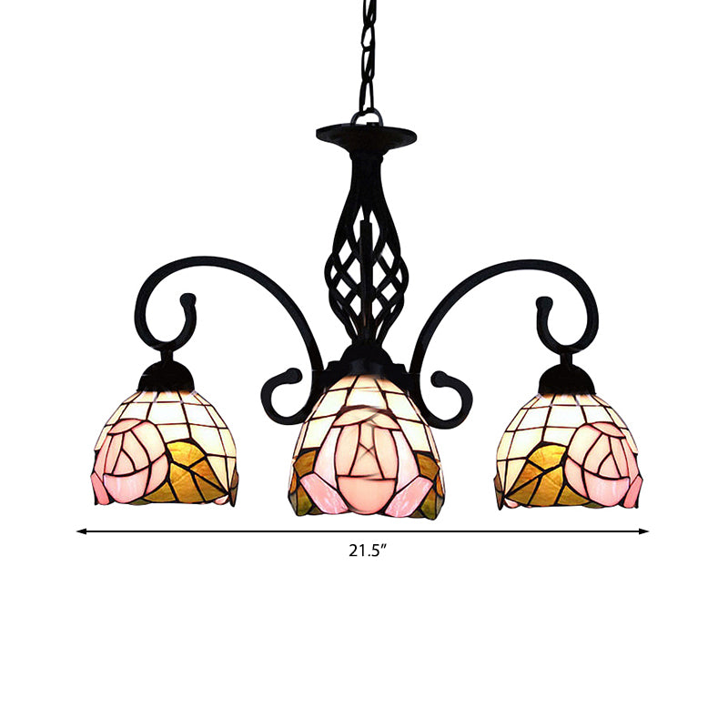 3 Lights Domed Chandelier Retro Style Stained Glass Floral Inverted Chandelier in Pink Clearhalo 'Ceiling Lights' 'Chandeliers' 'Close To Ceiling Lights' 'Industrial' 'Middle Century Chandeliers' 'Tiffany Chandeliers' 'Tiffany close to ceiling' 'Tiffany' Lighting' 182777