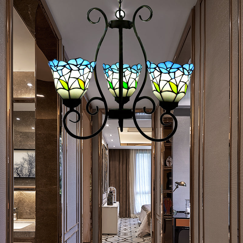 Flared Pendant Lighting Rustic Stained Glass 3-Light Flower Chandelier Light in Blue for Living Room Clearhalo 'Ceiling Lights' 'Chandeliers' 'Industrial' 'Middle Century Chandeliers' 'Tiffany Chandeliers' 'Tiffany close to ceiling' 'Tiffany' Lighting' 182783