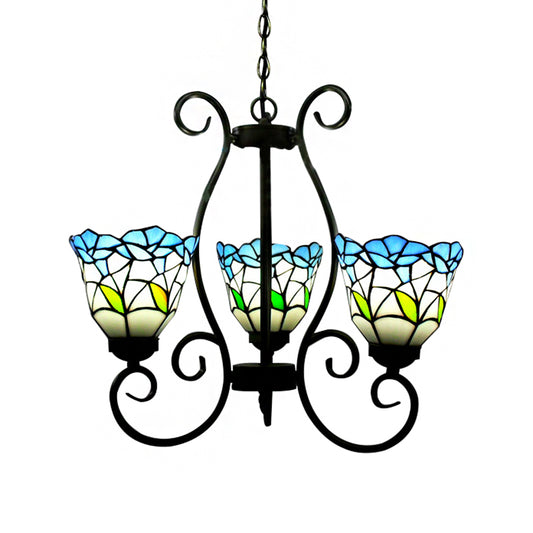 Flared Pendant Lighting Rustic Stained Glass 3-Light Flower Chandelier Light in Blue for Living Room Clearhalo 'Ceiling Lights' 'Chandeliers' 'Industrial' 'Middle Century Chandeliers' 'Tiffany Chandeliers' 'Tiffany close to ceiling' 'Tiffany' Lighting' 182784
