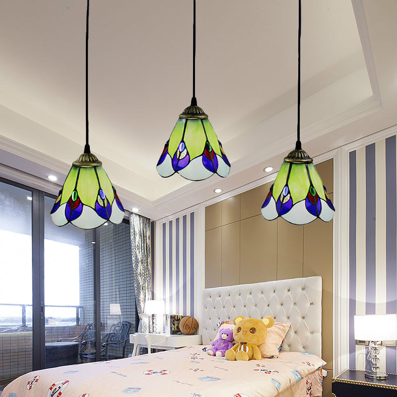 Tiffany-Style Cone Cluster Pendant 3 Heads Handcrafted Art Glass Suspension Lamp in Green for Bedroom Clearhalo 'Ceiling Lights' 'Chandeliers' 'Industrial' 'Middle Century Pendants' 'Pendant Lights' 'Pendants' 'Tiffany close to ceiling' 'Tiffany Pendants' 'Tiffany' Lighting' 182803