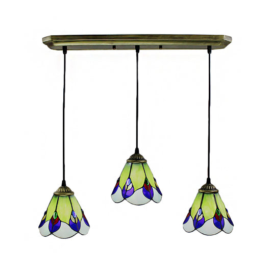 Tiffany-Style Cone Cluster Pendant 3 Heads Handcrafted Art Glass Suspension Lamp in Green for Bedroom Clearhalo 'Ceiling Lights' 'Chandeliers' 'Industrial' 'Middle Century Pendants' 'Pendant Lights' 'Pendants' 'Tiffany close to ceiling' 'Tiffany Pendants' 'Tiffany' Lighting' 182804