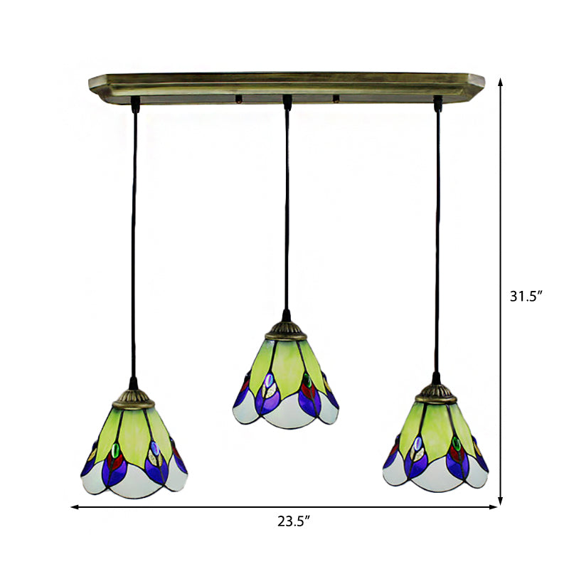 Tiffany-Style Cone Cluster Pendant 3 Heads Handcrafted Art Glass Suspension Lamp in Green for Bedroom Clearhalo 'Ceiling Lights' 'Chandeliers' 'Industrial' 'Middle Century Pendants' 'Pendant Lights' 'Pendants' 'Tiffany close to ceiling' 'Tiffany Pendants' 'Tiffany' Lighting' 182805