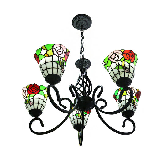 Rose Chandelier Hanging Light Fixture Lodge Stained Glass 5-Light Suspension Light in Black Finish Clearhalo 'Ceiling Lights' 'Chandeliers' 'Close To Ceiling Lights' 'Industrial' 'Middle Century Chandeliers' 'Tiffany Chandeliers' 'Tiffany close to ceiling' 'Tiffany' Lighting' 182817