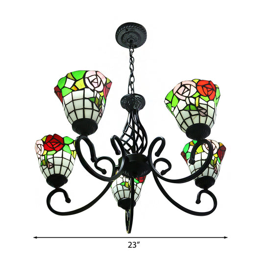 Rose Chandelier Hanging Light Fixture Lodge Stained Glass 5-Light Suspension Light in Black Finish Clearhalo 'Ceiling Lights' 'Chandeliers' 'Close To Ceiling Lights' 'Industrial' 'Middle Century Chandeliers' 'Tiffany Chandeliers' 'Tiffany close to ceiling' 'Tiffany' Lighting' 182818