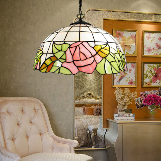 2 Heads Dome Ceiling Lamp Baroque Pink Stained Glass Hanging Light Kit for Living Room Pink Clearhalo 'Ceiling Lights' 'Industrial' 'Middle Century Pendants' 'Pendant Lights' 'Pendants' 'Tiffany close to ceiling' 'Tiffany Pendants' 'Tiffany' Lighting' 182826