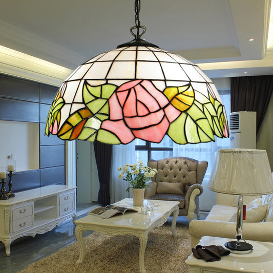 2 Heads Dome Ceiling Lamp Baroque Pink Stained Glass Hanging Light Kit for Living Room Clearhalo 'Ceiling Lights' 'Industrial' 'Middle Century Pendants' 'Pendant Lights' 'Pendants' 'Tiffany close to ceiling' 'Tiffany Pendants' 'Tiffany' Lighting' 182827