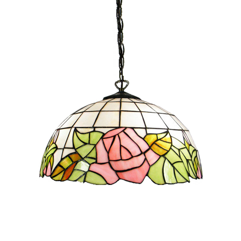 2 Heads Dome Ceiling Lamp Baroque Pink Stained Glass Hanging Light Kit for Living Room Clearhalo 'Ceiling Lights' 'Industrial' 'Middle Century Pendants' 'Pendant Lights' 'Pendants' 'Tiffany close to ceiling' 'Tiffany Pendants' 'Tiffany' Lighting' 182828