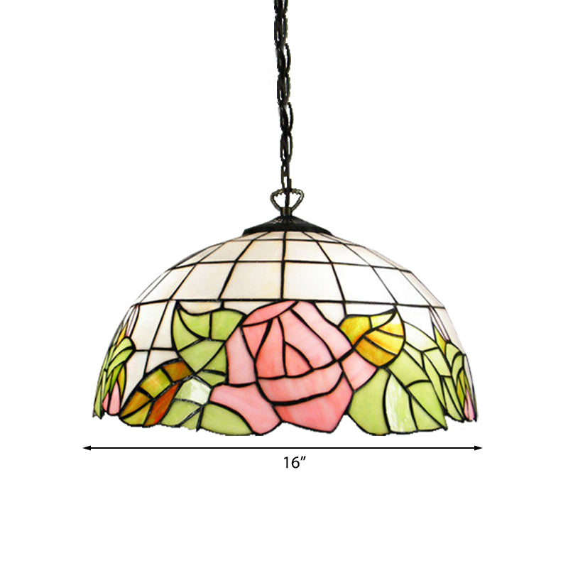 2 Heads Dome Ceiling Lamp Baroque Pink Stained Glass Hanging Light Kit for Living Room Clearhalo 'Ceiling Lights' 'Industrial' 'Middle Century Pendants' 'Pendant Lights' 'Pendants' 'Tiffany close to ceiling' 'Tiffany Pendants' 'Tiffany' Lighting' 182829